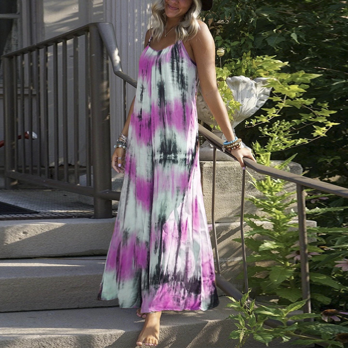 European And American Tie - dye Striped Printing Slip Plus Size Dress - Sophinity