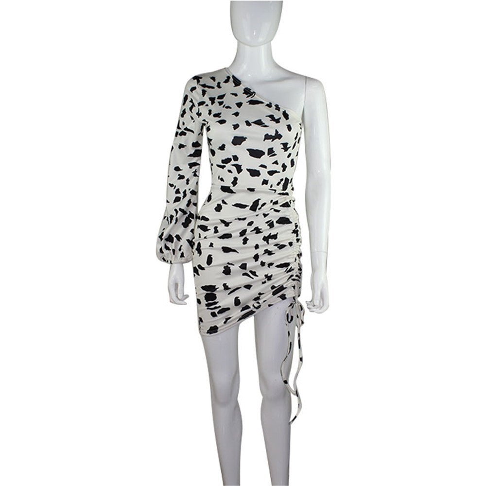 Women's Clothing Socialite Cows Pattern Skirt Slim - fit Oblique Shoulder Dress - Sophinity