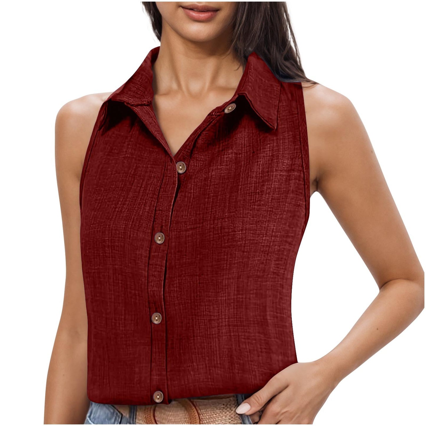 Lapel Cotton Linen Button Sleeveless Shirt Women's Clothing - Sophinity