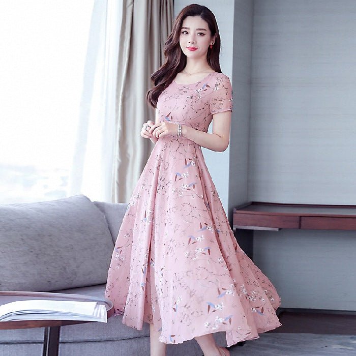 Middle - aged Ice Silk Large Swing Dress Elegant Floral Slimming Long Dress Women - Sophinity