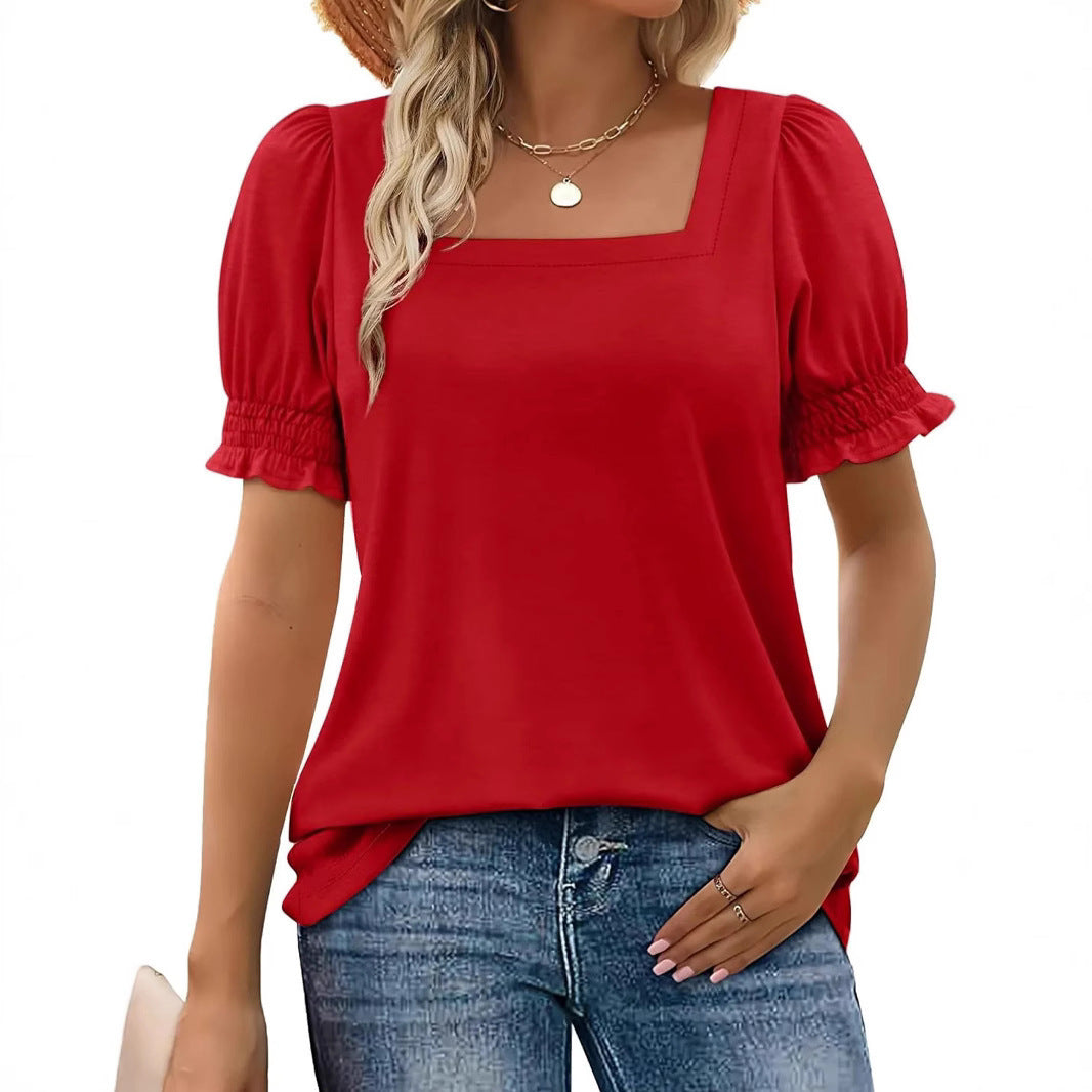 Spring And Summer New Fashion Simple U-neck Petal Sleeve Loose T-shirt - Sophinity