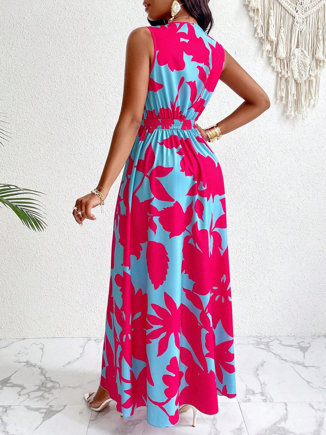 Print Deep V Neckline Cinched Waist Fit And Flare Dress Maxi Women Outfit - Sophinity