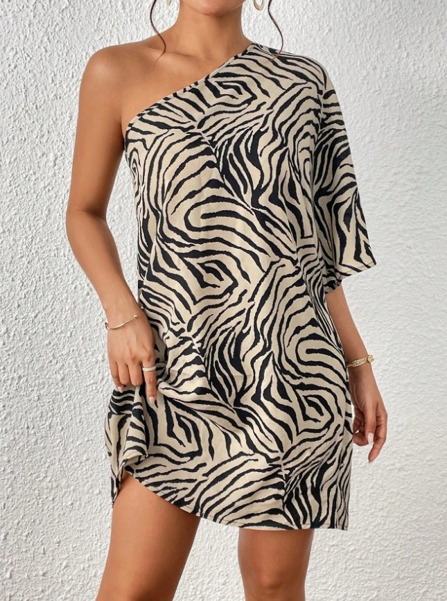 Women's Casual Asymmetrical Collar Zebra Print Vacation Dress - Sophinity