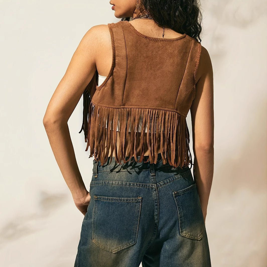 Women's Solid Color Tassel Hem Lace Up Slim Vest - Sophinity
