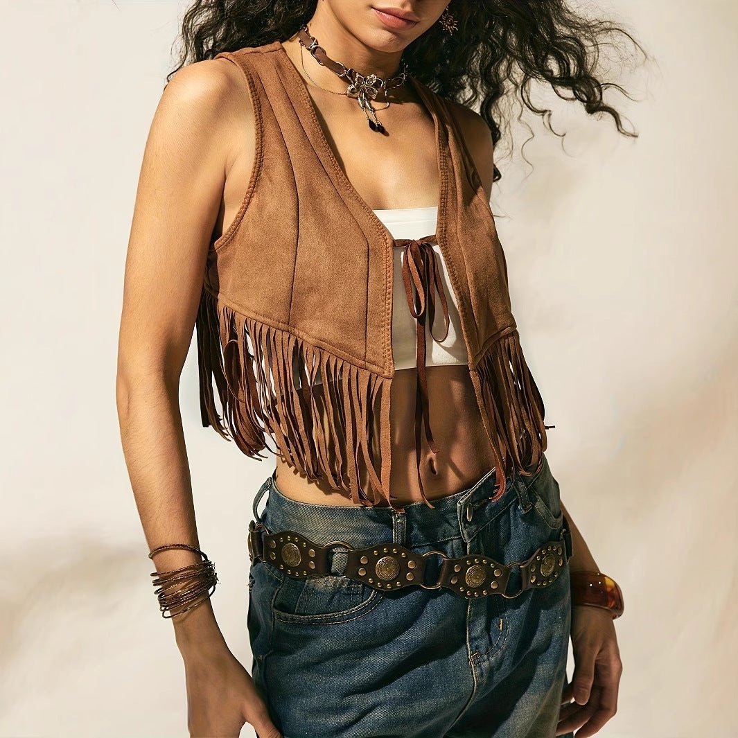 Women's Solid Color Tassel Hem Lace Up Slim Vest - Sophinity