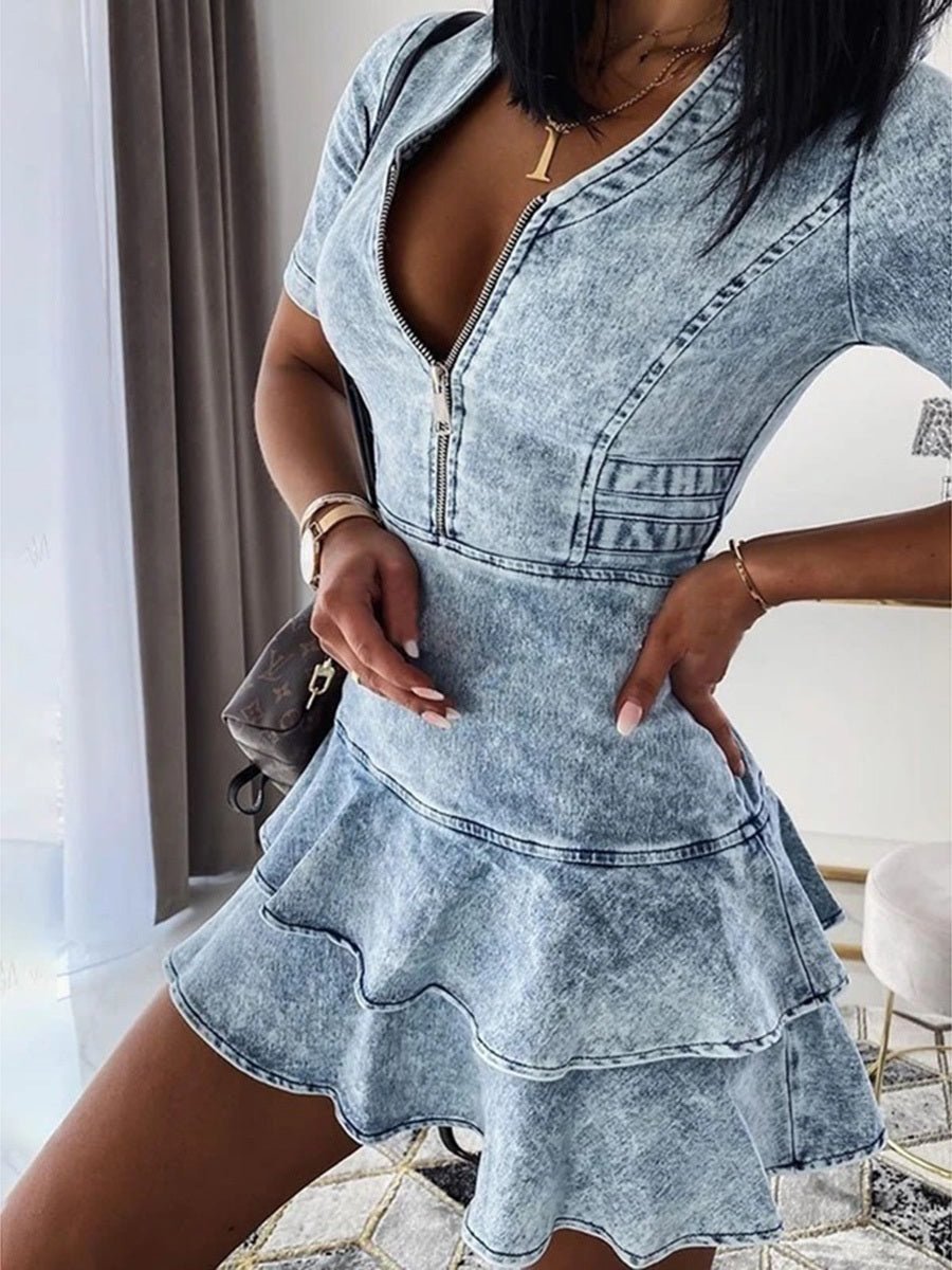 Short sleeve V - neck denim dress - Sophinity