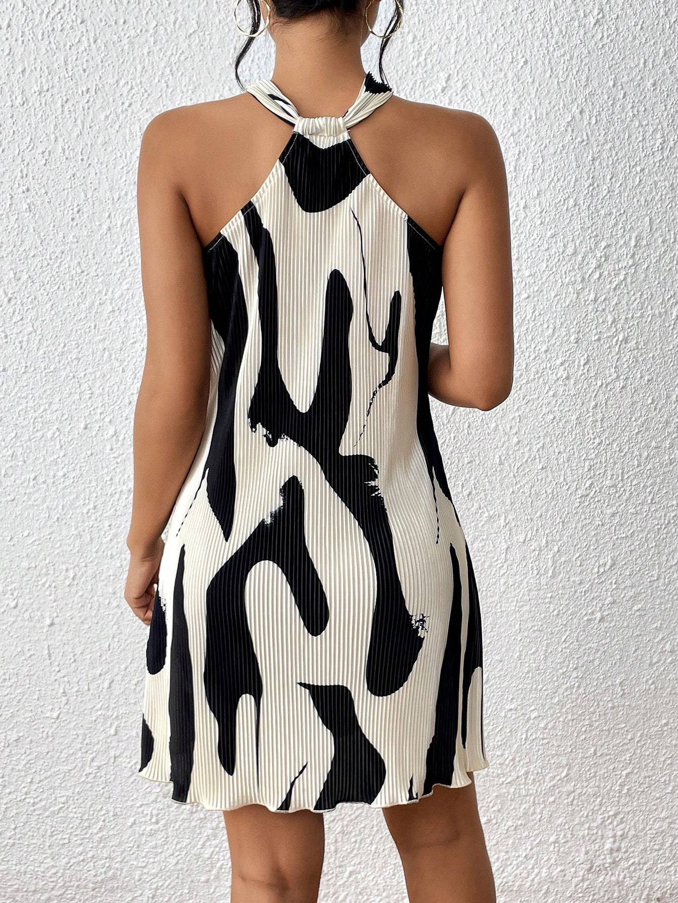 Women's Elegant Vacation Casual Backto School Pleated Halter Mini Dress - Sophinity