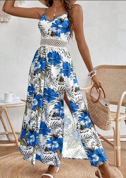 Womens Spring Summer Chic Maxi Dress - Adjustable Spaghetti Straps, Floral Print, Elegant High Slit - Versatile Day - to - Night Wear - Sophinity