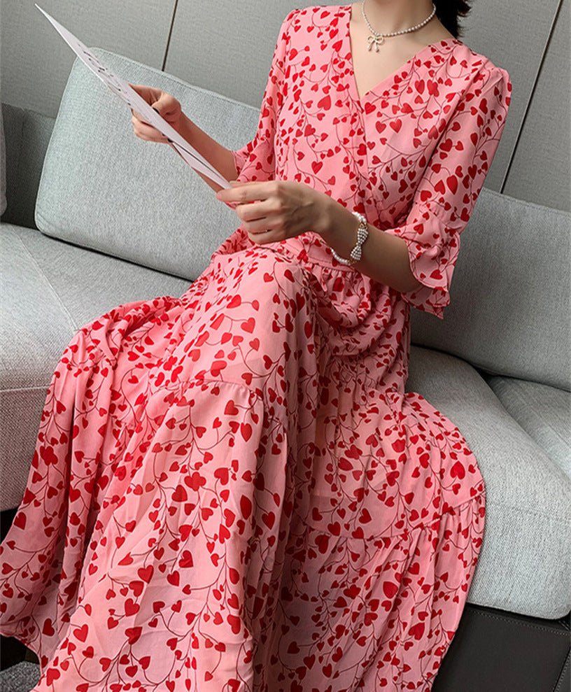 Half - flared Sleeve Vintage V - neck Style Floral Chiffon Dress - Sophinity