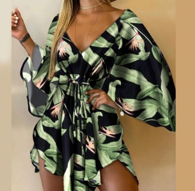 Autumn V - neck Irregular Batwing Sleeve Lace - up Dress - Sophinity