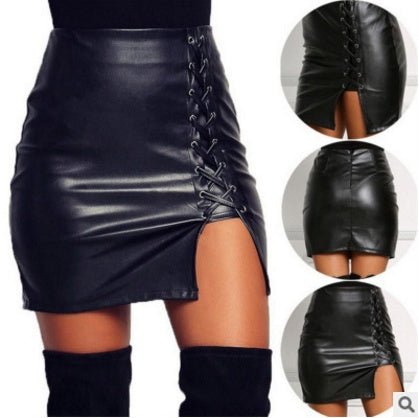 Black Lace Up PU Leather Skirts - Sophinity