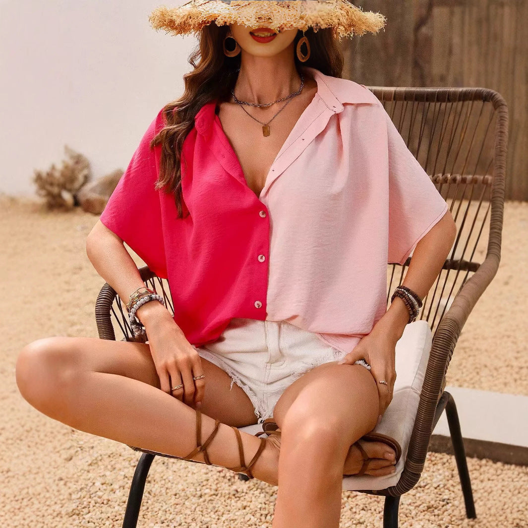 Design Lapel Single Breasted Loose Short Sleeve Split Shirt Top - Sophinity