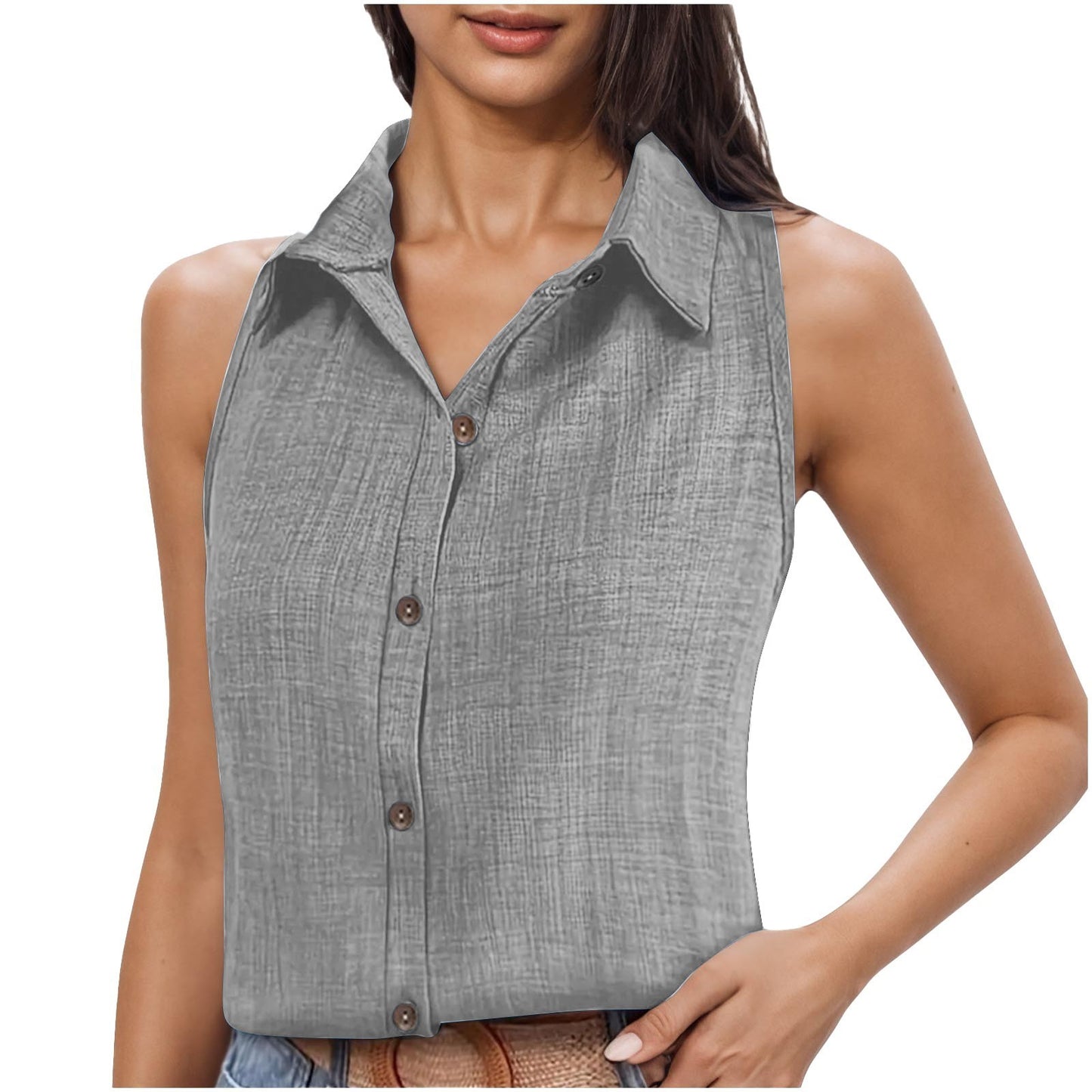 Lapel Cotton Linen Button Sleeveless Shirt Women's Clothing - Sophinity