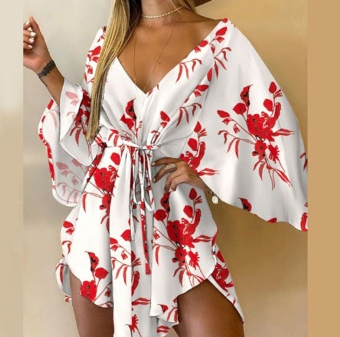 Autumn V - neck Irregular Batwing Sleeve Lace - up Dress - Sophinity
