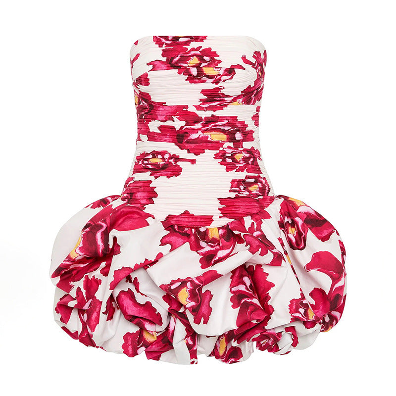 Off-the-shoulder Tube Top Floral Pleated Sexy Dress - Sophinity
