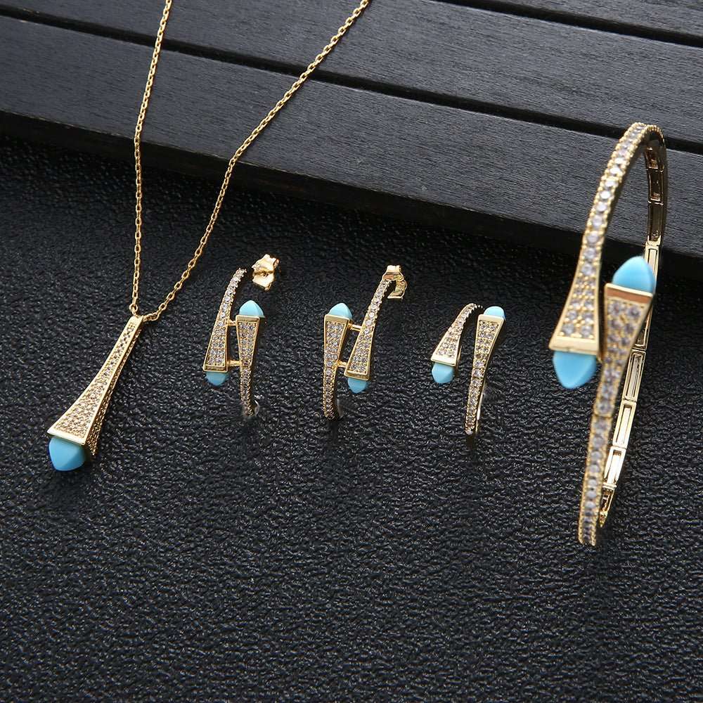 Vintage Turquoise Full Zirconium Necklace Earrings Ring Bracelet 4 Piece Set Women - Sophinity