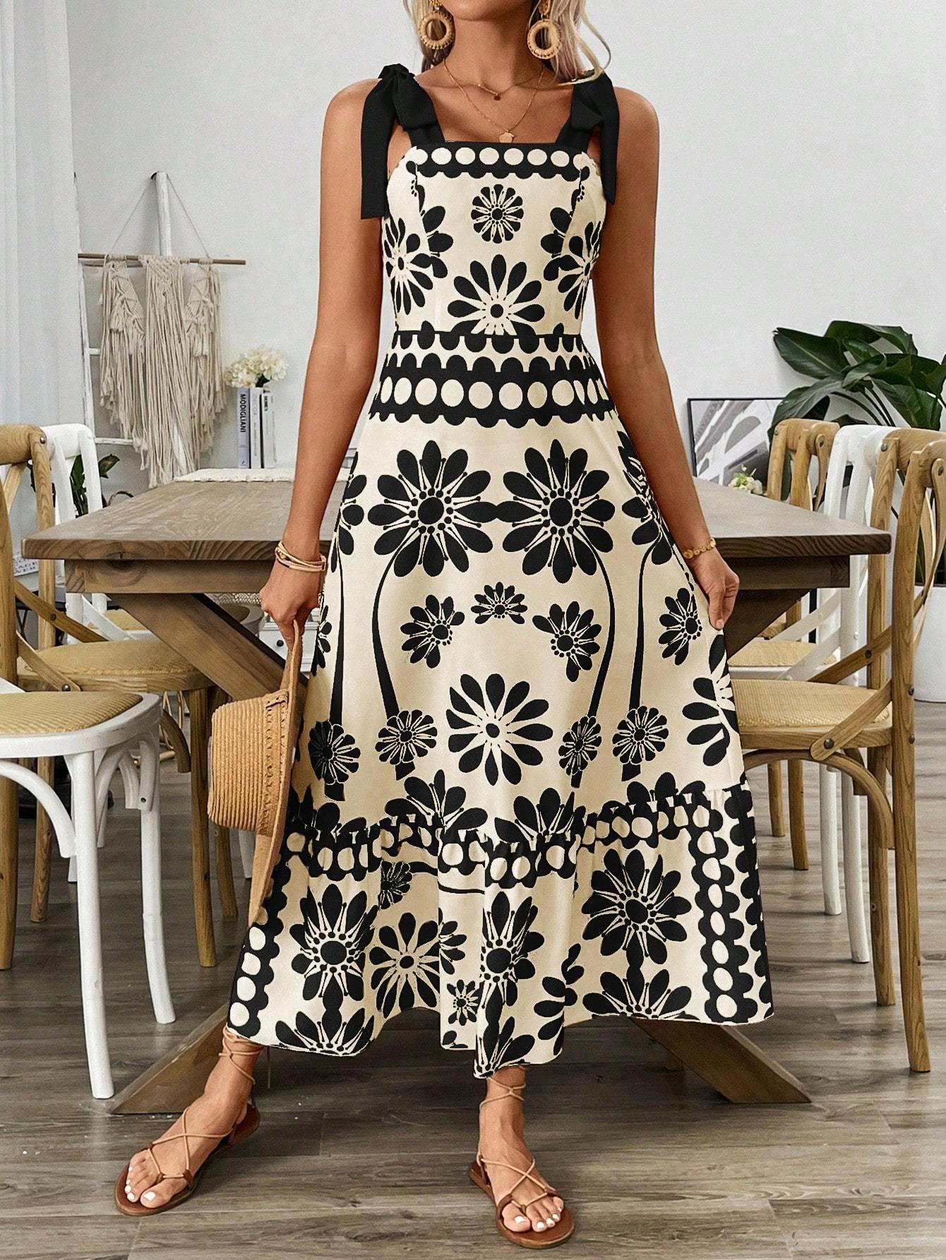 Casual Floral Print Shoulder Tie Waist Suspender Dress - Sophinity