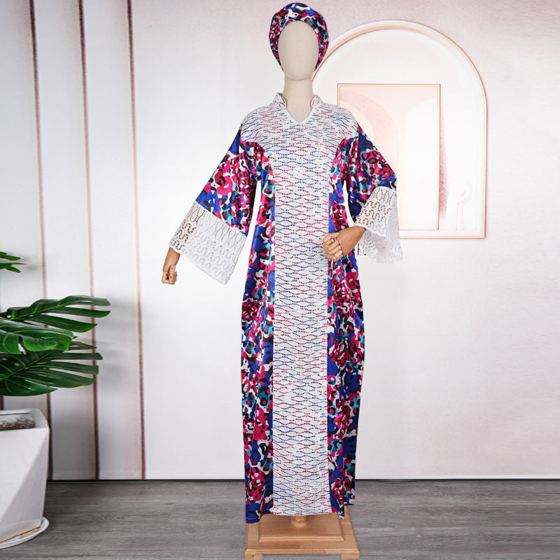 Plus Size Women's Clothing Comfort And Casual Printed Stitching Lace Loose Robe Middle East