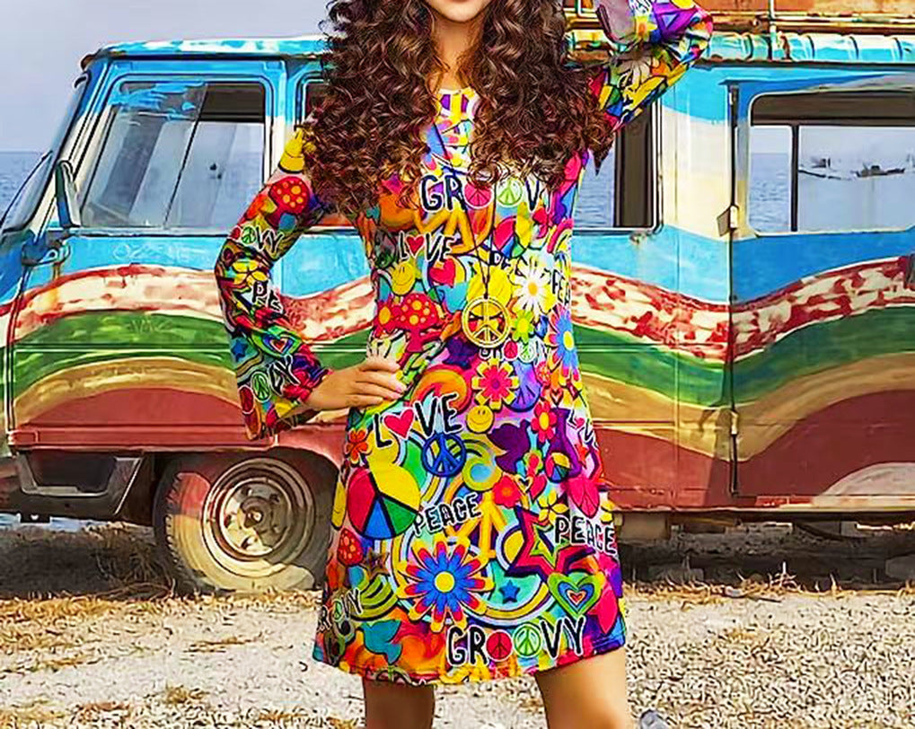 Vintage Hippie Clothing Print Women Dress - Sophinity