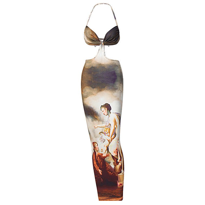 Halterneck Camisole Waist Cutout Print Maxi Dress - Sophinity