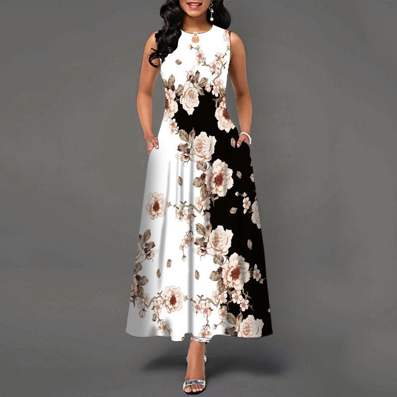 Black and White Color Block Floral Print Maxi Dress - Sophinity