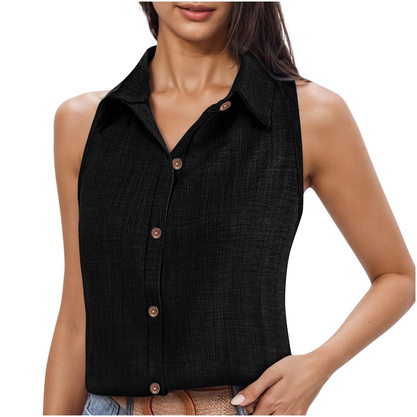 Lapel Cotton Linen Button Sleeveless Shirt Women's Clothing - Sophinity