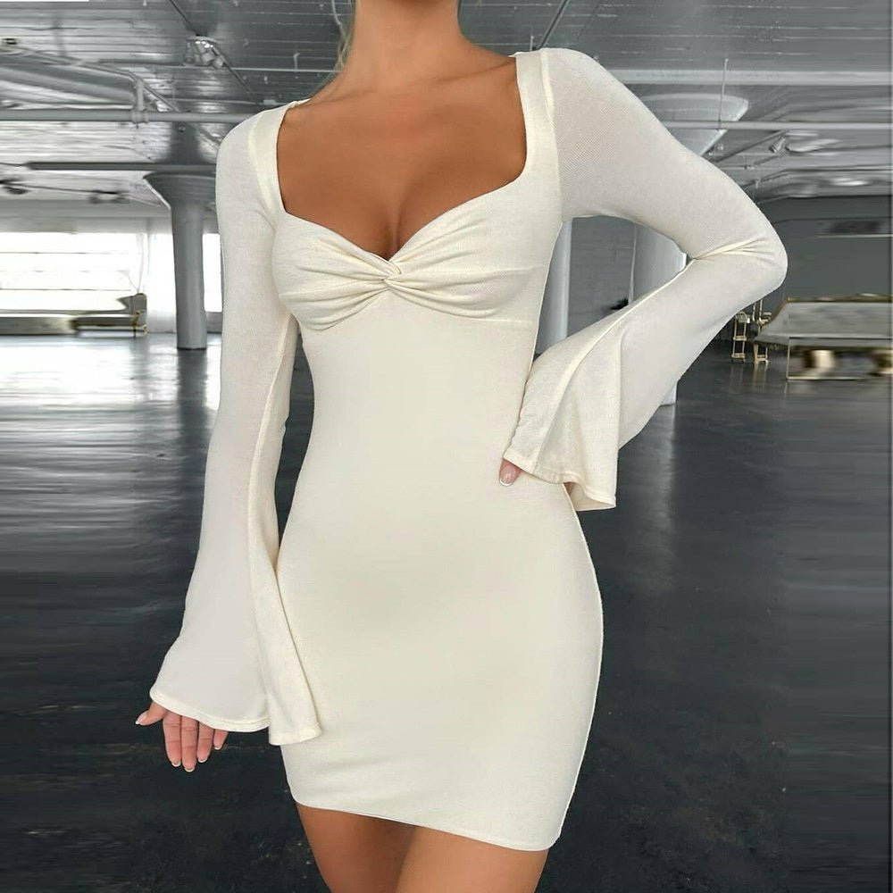 Solid Color Square Neck Flared Sleeve Slim Sexy Hip Dress - Sophinity