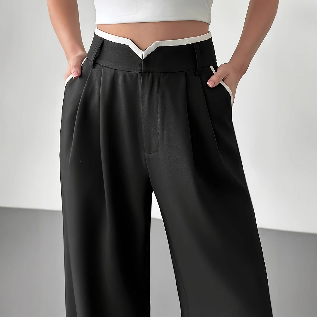 Women's Fashionable Casual Contrasting High Waisted Loose Wide Leg Pants - Sophinity