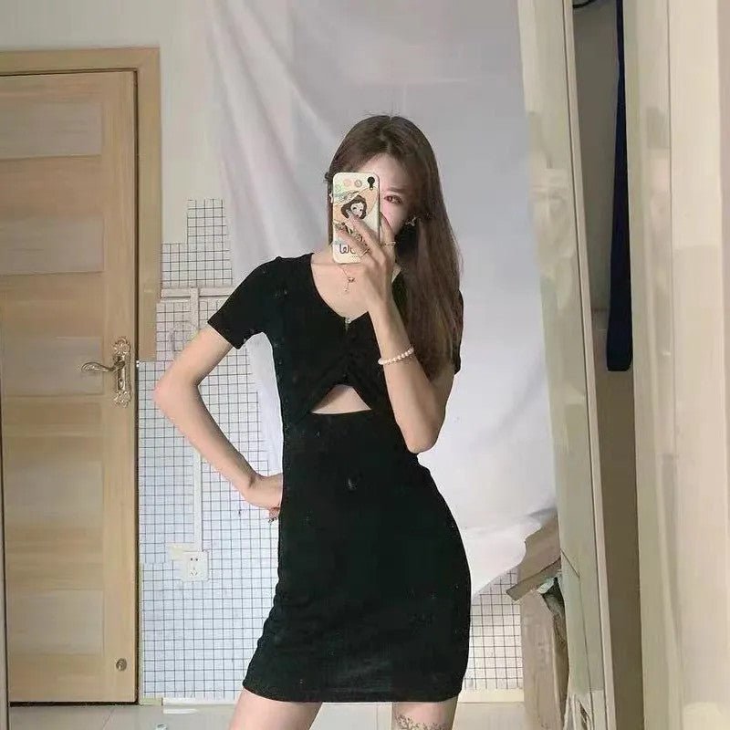Navel Slimming Hollow Out V - neck Short Sleeve Dress - Sophinity