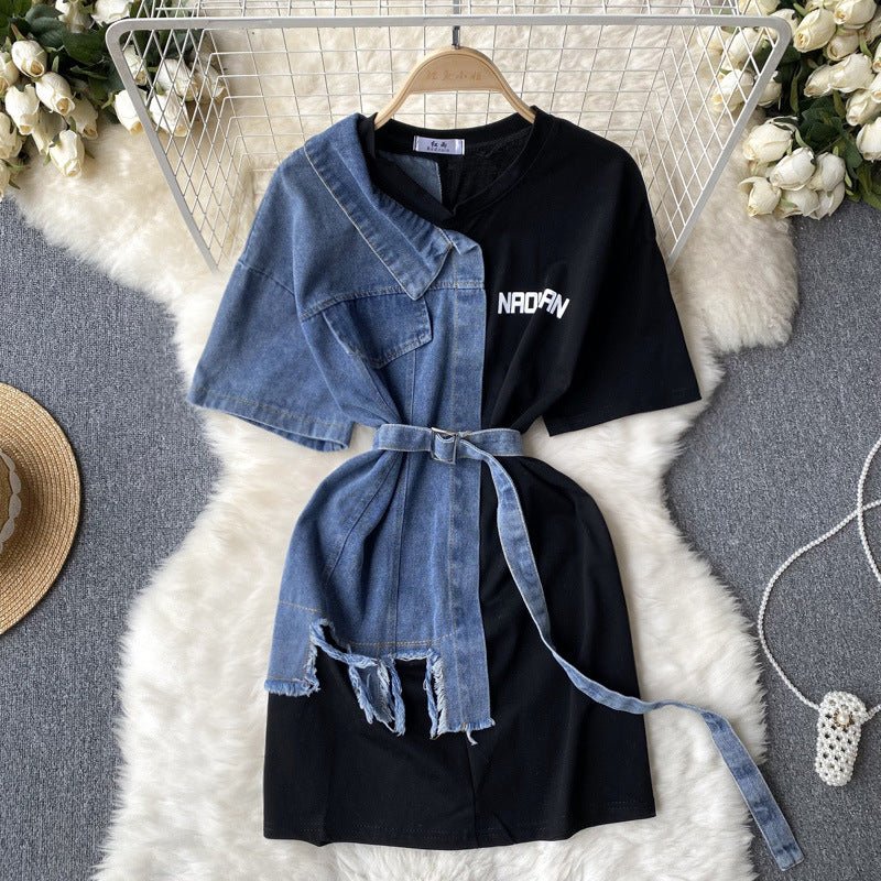 Round Neck Denim Patchwork Dress - Sophinity