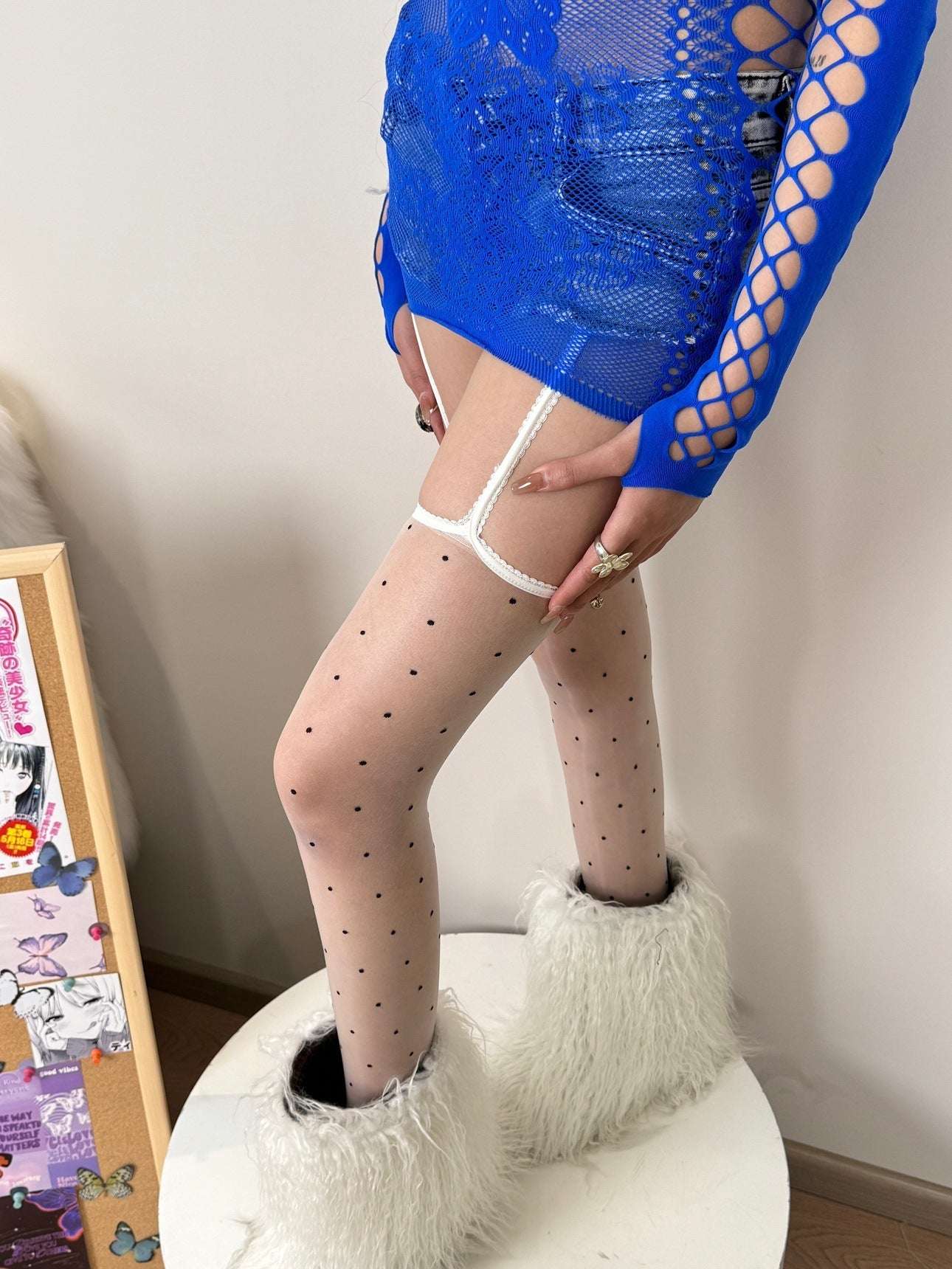 Aurora Polka Lace Shiny Suspenders Small Polka Dot Stockings - Sophinity