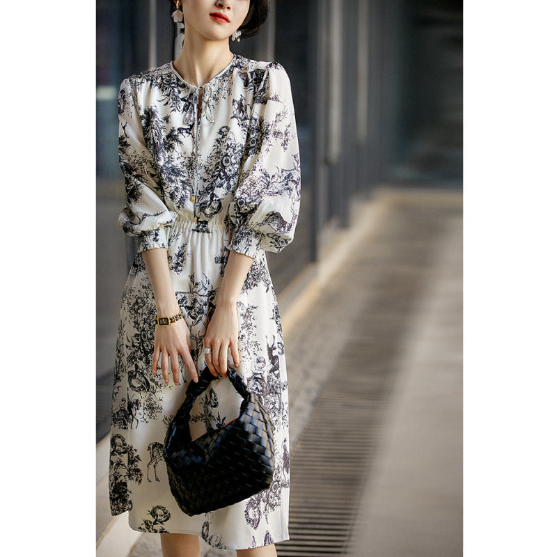 Elastic Heavy Crepe Silk Lantern Sleeve Dress - Sophinity