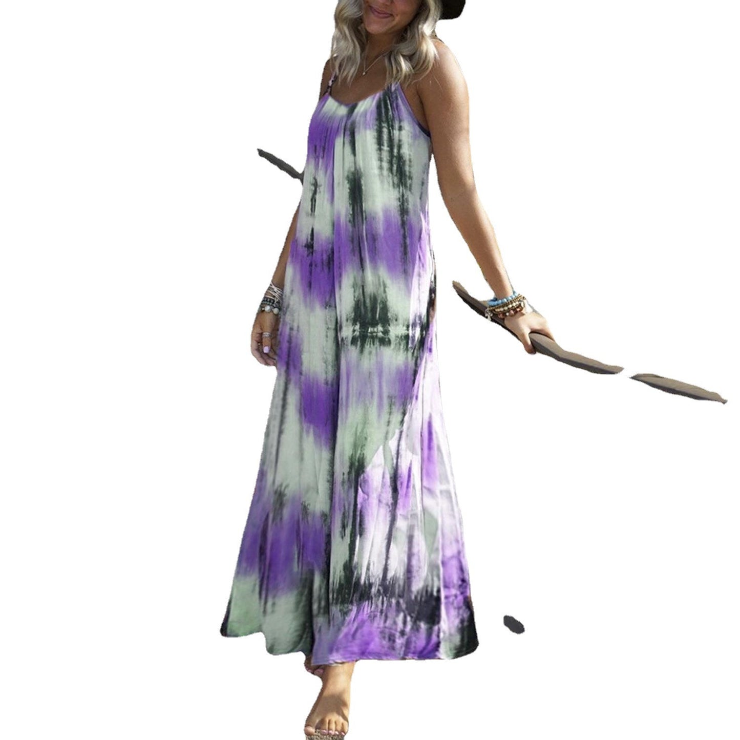European And American Tie - dye Striped Printing Slip Plus Size Dress - Sophinity