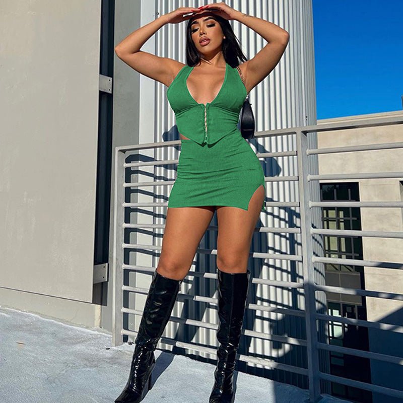 European And American Women's Clothing New Fashion V - neck Double - breasted Vest Slim Fit Slit Skirt Suit - Sophinity