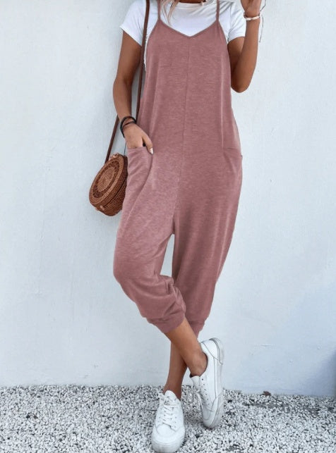 Women's Solid Color Zipper Patch Pocket Sling Jumpsuit For Women - Sophinity