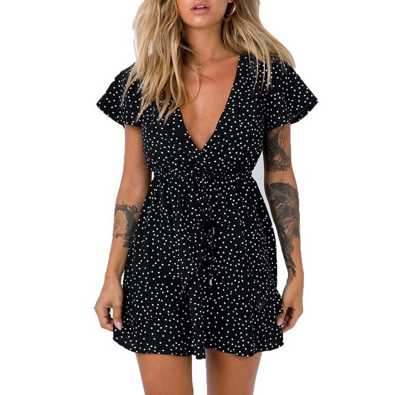 V - neck Polka Dot Waist Slimming Dress - Sophinity