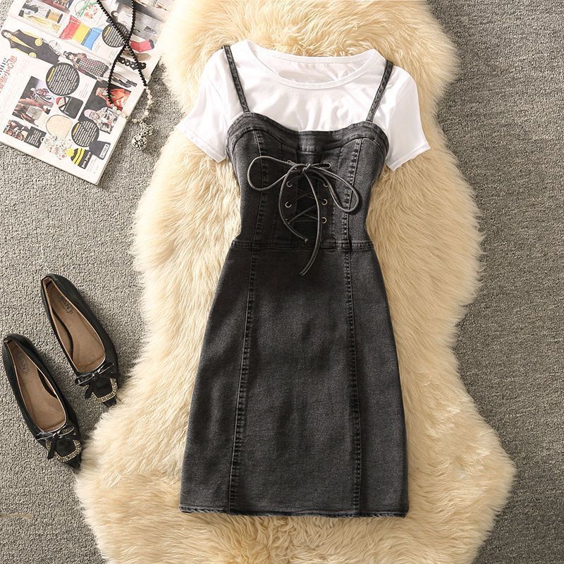 Summer Clothing Denim Braces Skirt Waist Trimming Lace Up Small Size Dress Suit