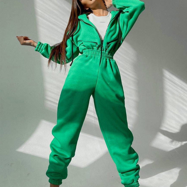 Casual Women Basic Hoodie Two Piece Sets Zipper Drawstring - Sophinity