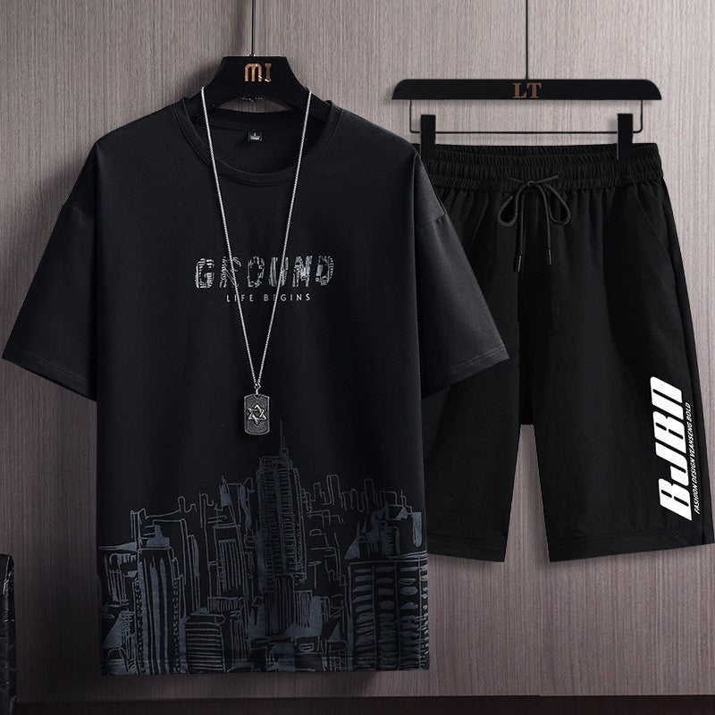 Men's Fashion Printed Short - sleeved T-shirt Shorts Sports Two - piece Set - Sophinity