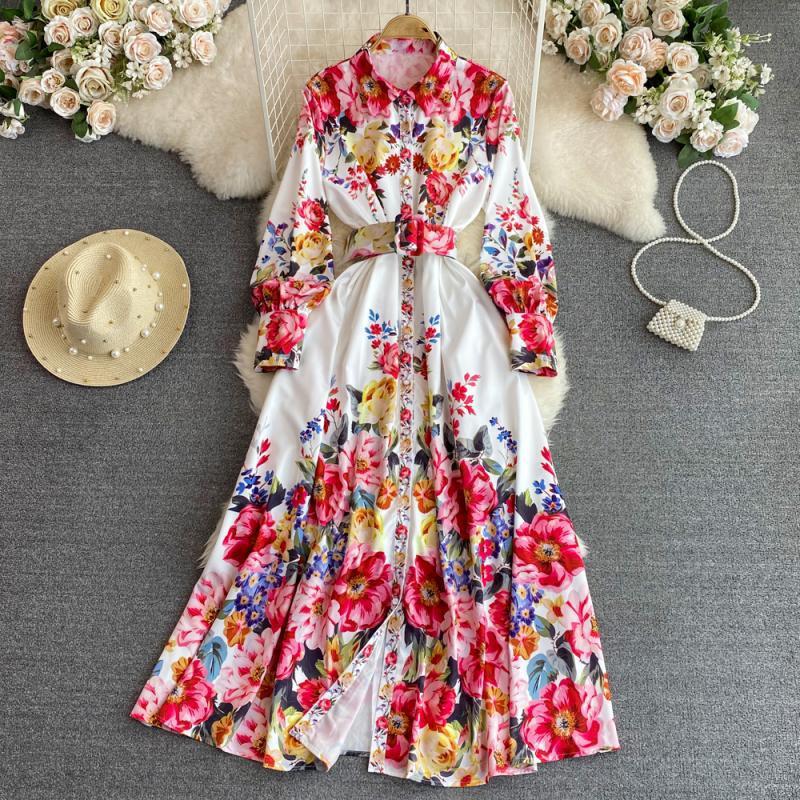 Light Luxury Lapel Puff Sleeve Single-breasted Printing A Words Dress - Sophinity