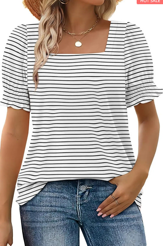 Spring And Summer New Fashion Simple U-neck Petal Sleeve Loose T-shirt - Sophinity