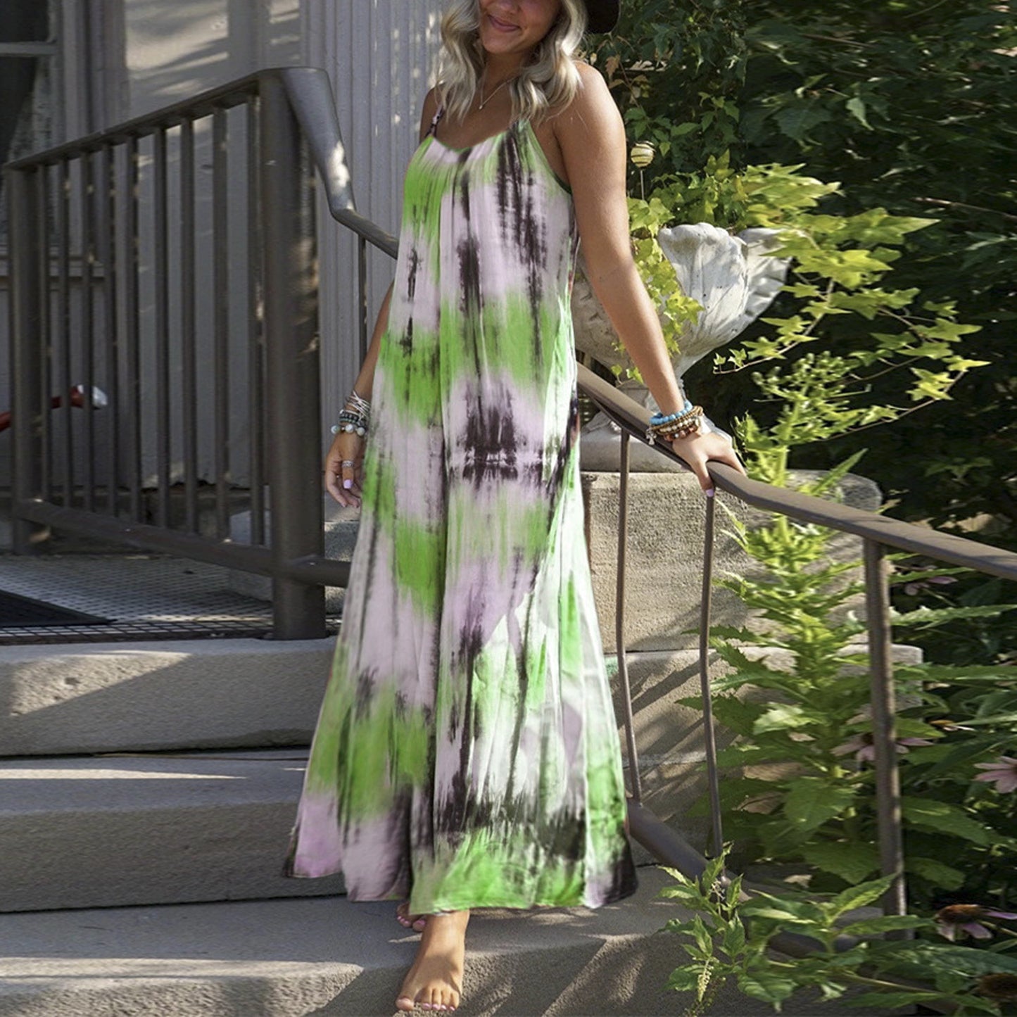 European And American Tie - dye Striped Printing Slip Plus Size Dress - Sophinity