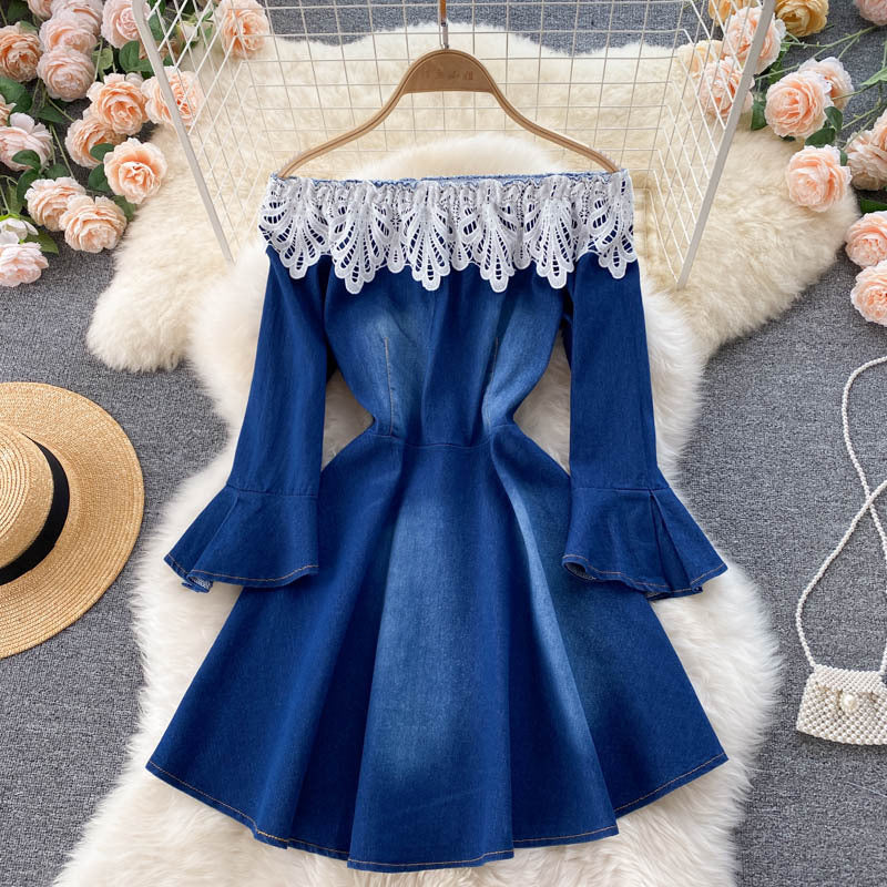 Small One Shoulder Stitching Denim Dress - Sophinity