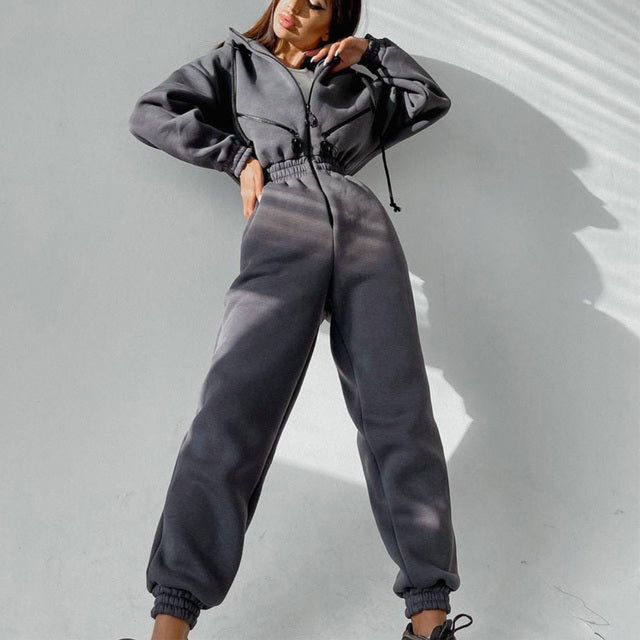 Casual Women Basic Hoodie Two Piece Sets Zipper Drawstring - Sophinity