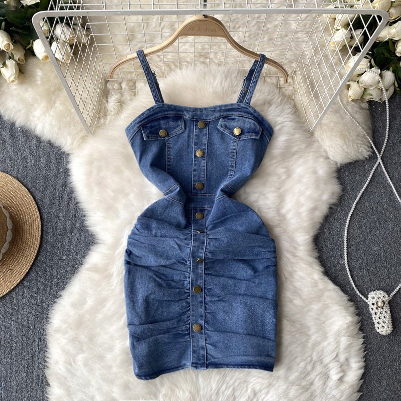Women's Design Sense Denim Suspender Dress - Sophinity