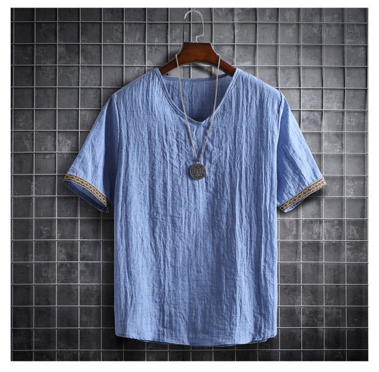 Vintage Linen V - Neck Short Sleeve T-Shirt Running Volume - Sophinity