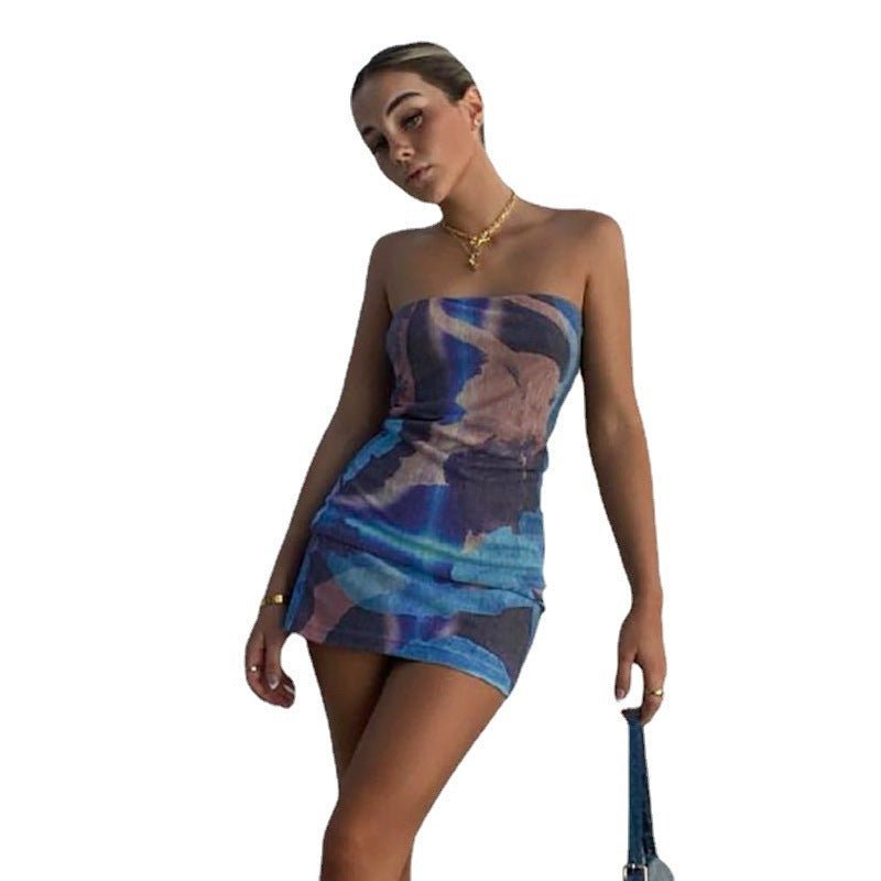 Women's Fashion Printed Bandeau Slim - fit Slimming One - line Dress - Sophinity