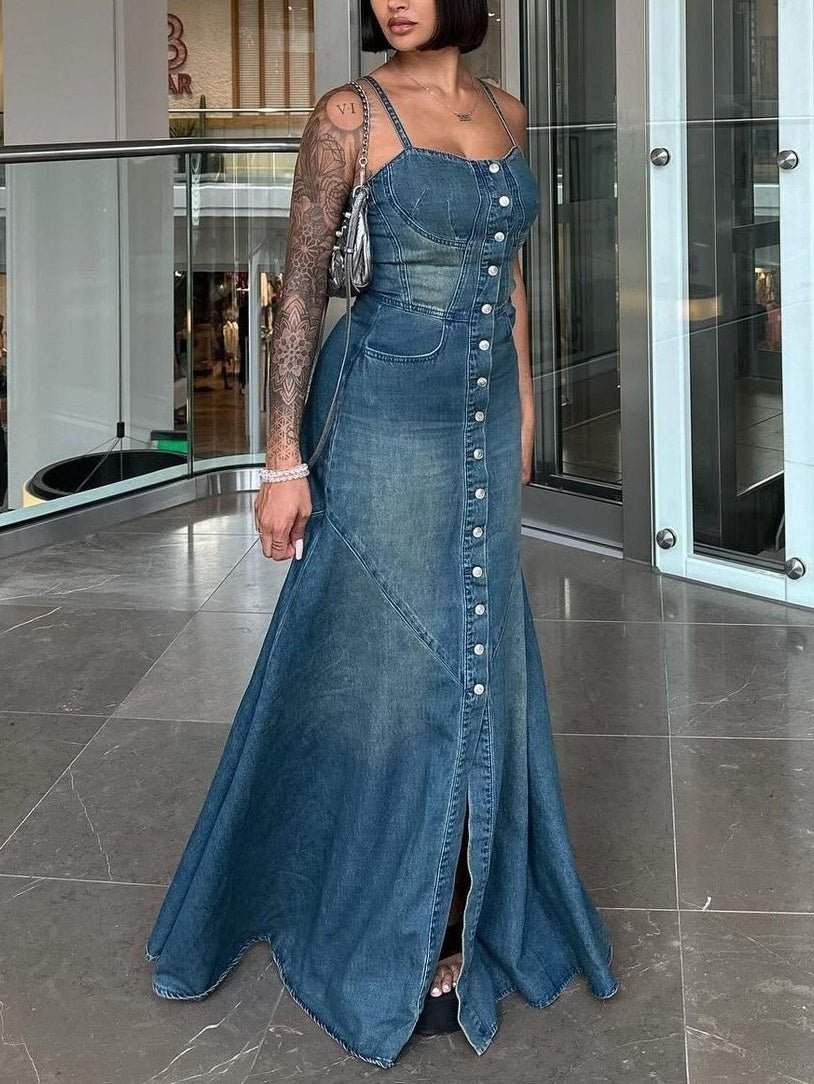 Denim Single - breasted Suspender Dress - Sophinity