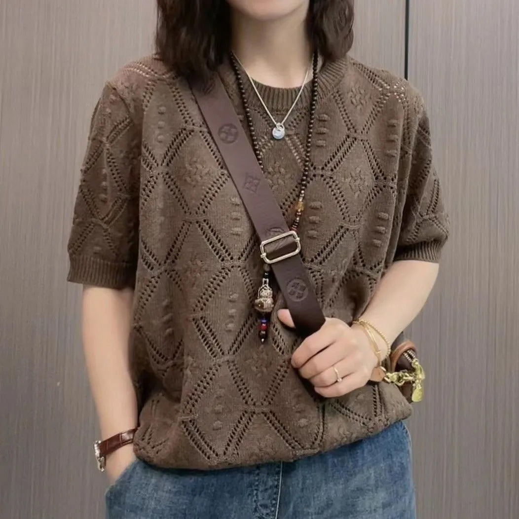Summer Knitwear Women's Thin Short Sleeve Round Neck Sweater - Sophinity