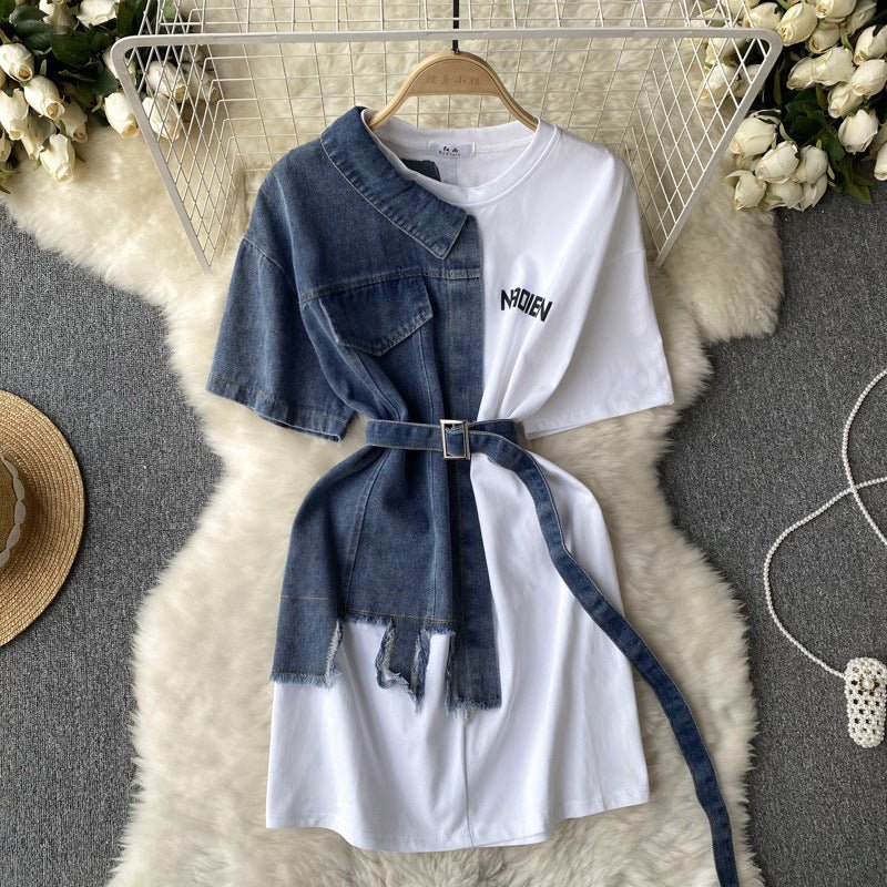Round Neck Denim Patchwork Dress - Sophinity